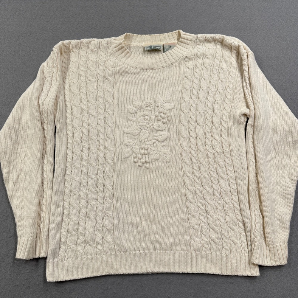 Northern Reflections Sweater Women's Medium White Cable Knit Floral Cottagecore